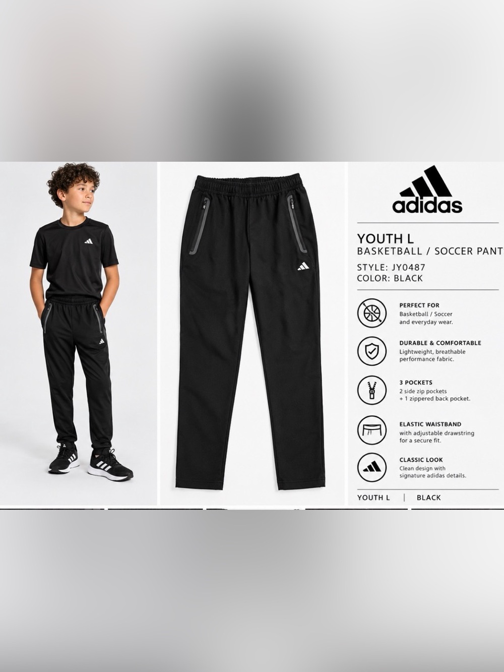 adidas Youth Black Football/Soccer active wear with Zip Pockets